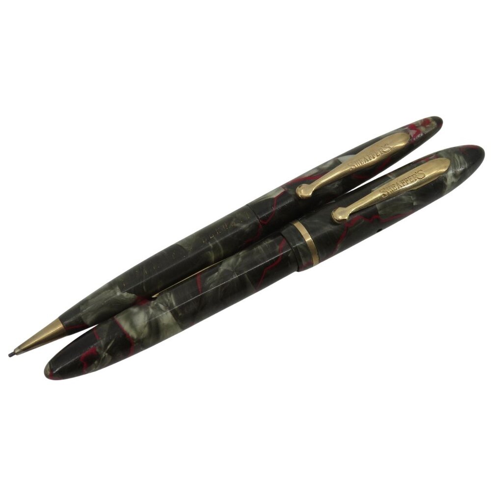 VTG Sheaffer Balance Fountain Pen Mechanical Pencil Red Gray Marble USA Engraved